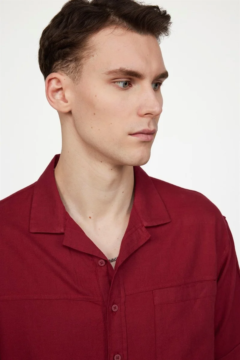 تودورس Relax Fit Side Slit Open Collar Linen Effect Claret Red Shirt