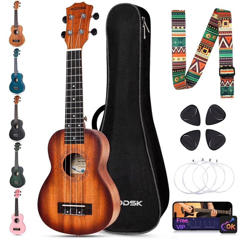 AODSK Soprano Sunburst Ukulele for Beginner 21 Inch Ukelele with Gig Bag Strap Nylon String 4 Picks Holiday Gift
