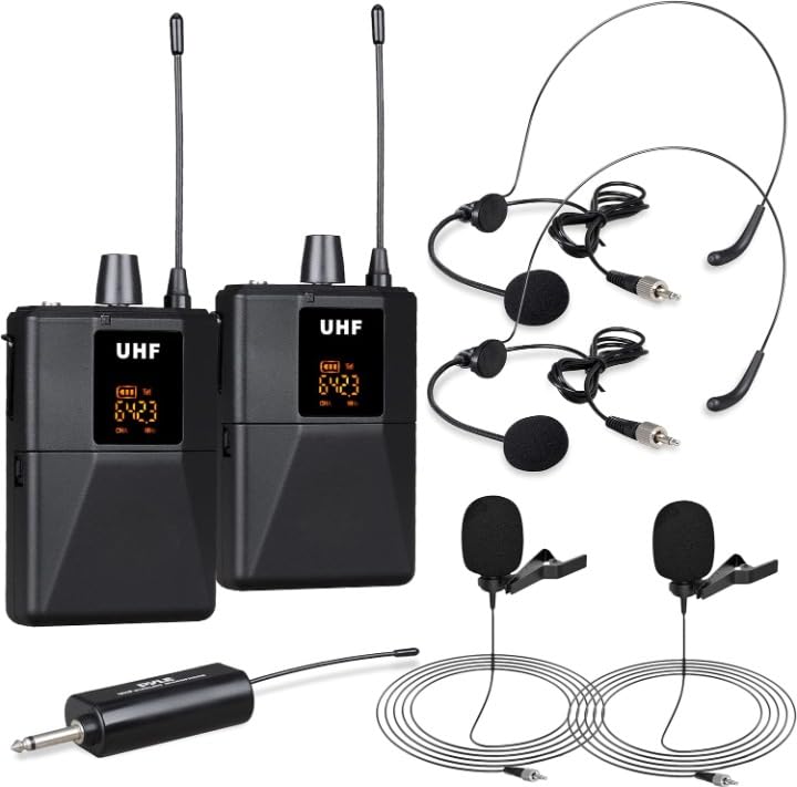 kh UHF Wireless Microphone System Portable Professional Cordless Microphone Set with 2 Headset, 2 Lavalier, 2 Beltpack Transmitter, 1 Receiver - Karaoke & Conference (2 Headset 2 Collar) - Image 1