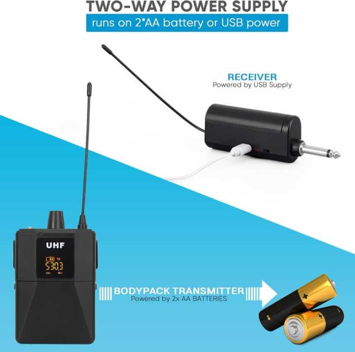 kh UHF Wireless Microphone System Portable Professional Cordless Microphone Set with 2 Headset, 2 Lavalier, 2 Beltpack Transmitter, 1 Receiver - Karaoke & Conference (2 Headset 2 Collar) - Image 5