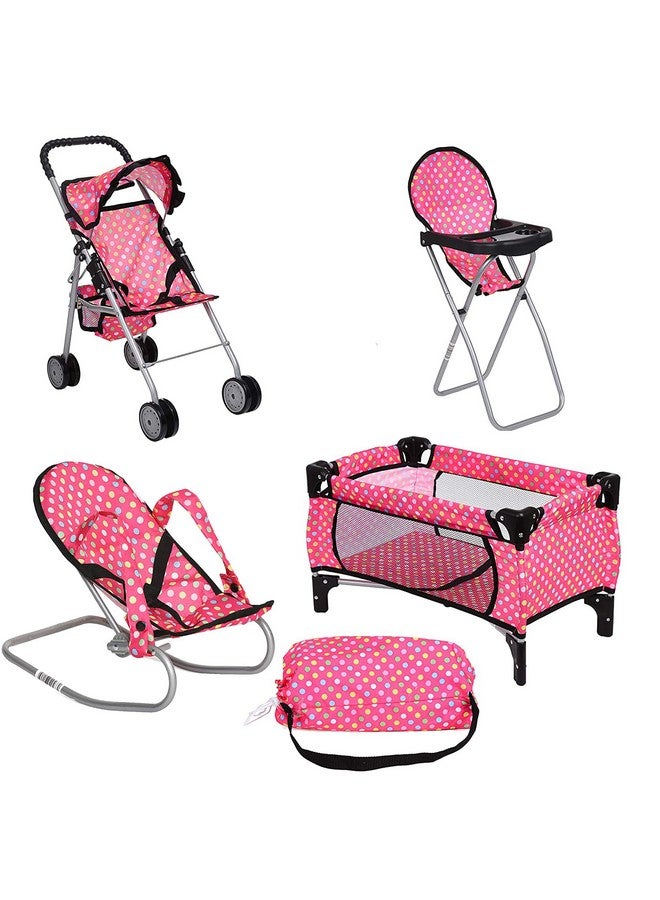 fash n kolor 4 Piece Doll Play Set, includes - 1 Pack N Play. 2 Doll Stroller 3.Doll High Chair. 4.Infant Seat, Fits Up to 18'' Doll (4 Piece Set) - Image 1
