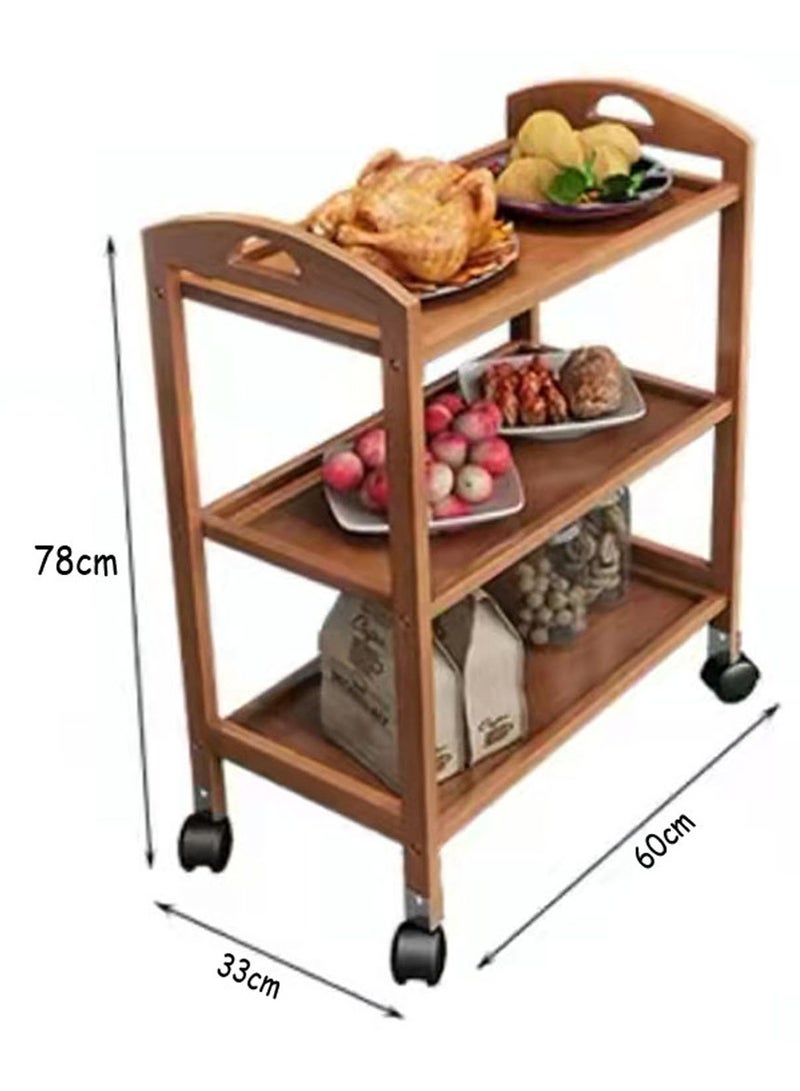 LINGWEI Bamboo Food Serving Trolley with Movable Wheels Kitchen Island Cart with Handle Brown 60x78x33cm - Image 3