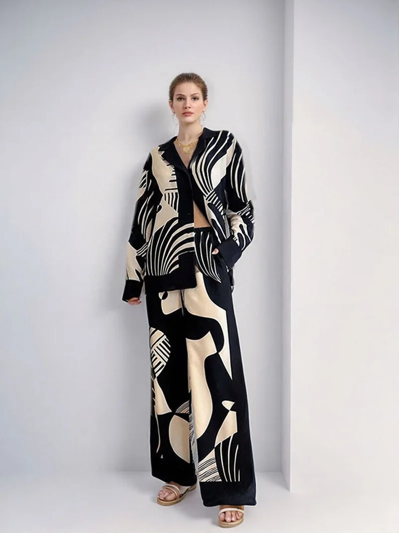 Black Satin Printed Shirt And Trouser Co-Ord Set