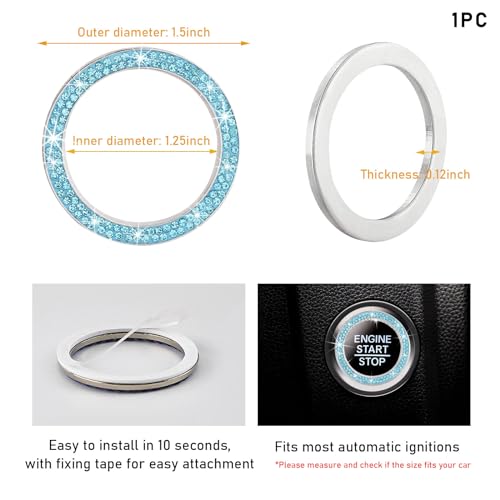 Kewucn Bling Crystal Double Rhinestone Car Engine Start Decoration Ring, Sparkling Push Start Button Sticker, Key Ignition & Knob Ring Decoration, Bling Car Interior Accessory (Lake Blue) - Image 2