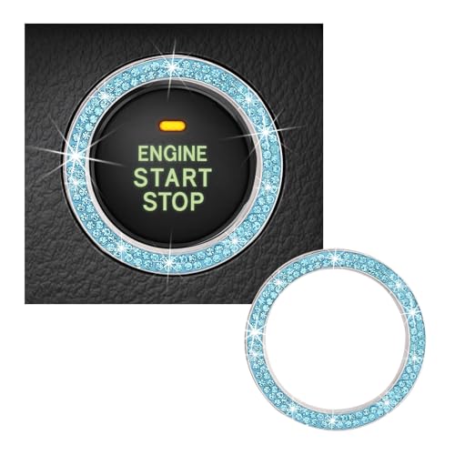 Kewucn Bling Crystal Double Rhinestone Car Engine Start Decoration Ring, Sparkling Push Start Button Sticker, Key Ignition & Knob Ring Decoration, Bling Car Interior Accessory (Lake Blue) - Image 1