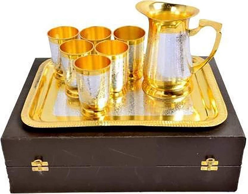 Piepot Pure Brass Made Lemon Set 6 Water Glass with Jug and Tray l Silver-Gold Plated l Royal Red Velvet Box Anitique Lock and Handle l Serving Set for 6 Person, Guest l Best for Gifting - Image 4