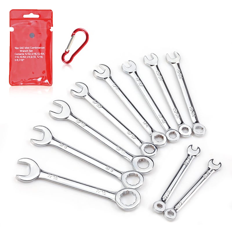 LEONTOOL Small Wrench Set Standard SAE 10 Pcs 532 To 716 Open End and Box End Ignition With Carabiner Clip Mini Combination Labor Day Gifts Tool Gift for Men Dad Him Husband