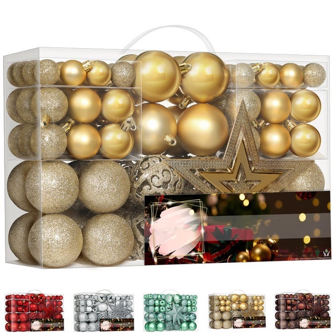 101 Piece Christmas Balls Ornaments Luxury Set Xmas Tree Topper and Hang Rope Christmas Baubles Shatterproof Mini Holiday Balls for Christmas Decorations Gold