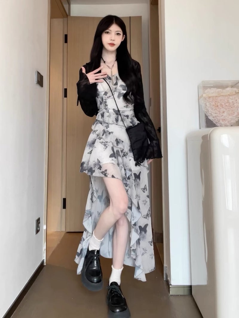 Summer Floral Ruffle Dress for Women Black cardigan top
