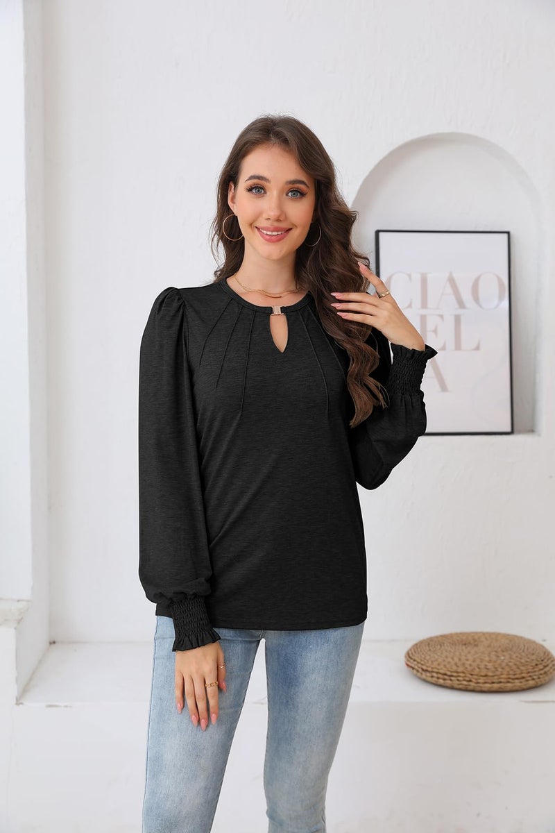 ETCYY Womens Long Sleeve Tops Dressy Casual Blouses Fall Pleated Tunic Trendy Tee Shirts 2026 Vacation Fashion Clothes,Black,Medium - Image 2
