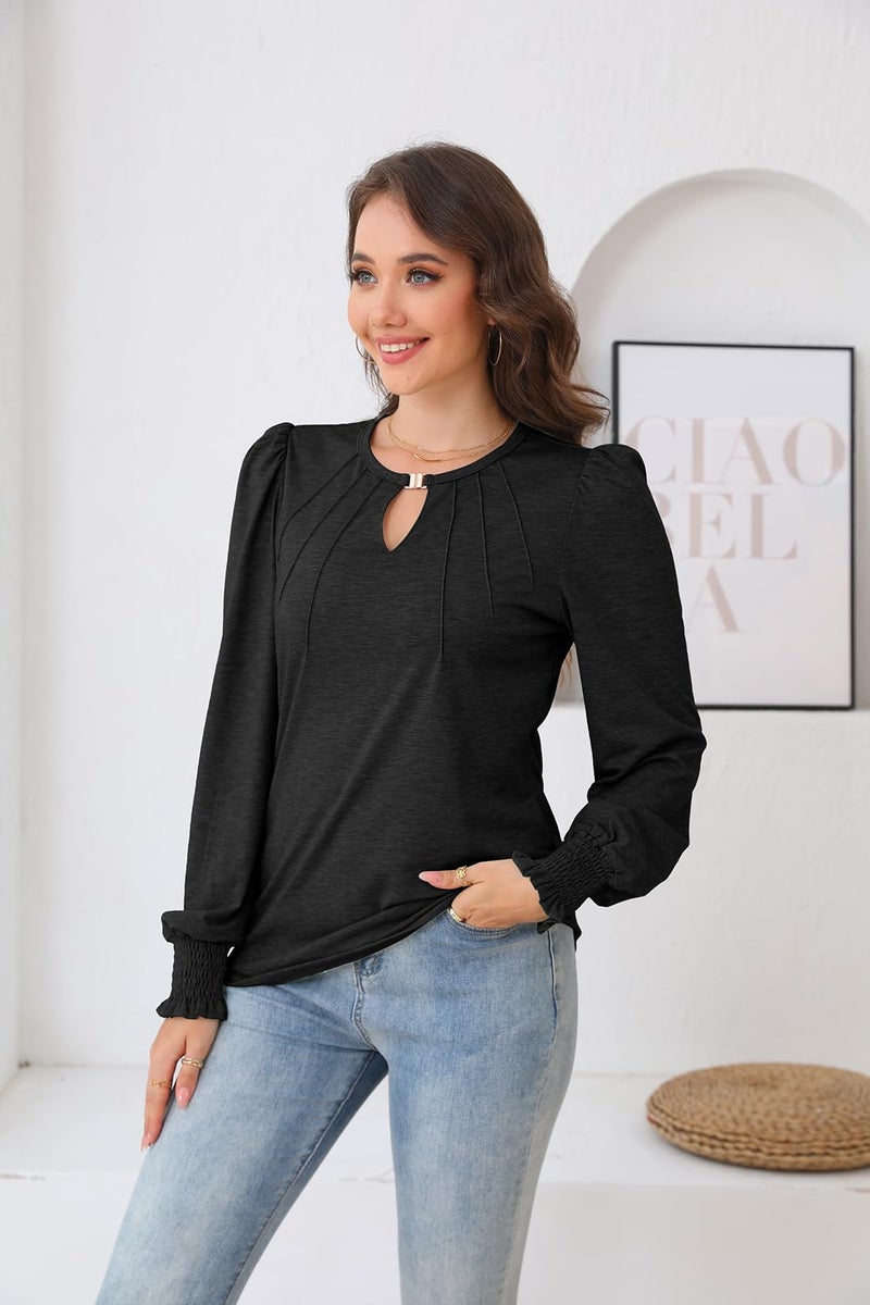 ETCYY Womens Long Sleeve Tops Dressy Casual Blouses Fall Pleated Tunic Trendy Tee Shirts 2026 Vacation Fashion Clothes,Black,Medium - Image 3