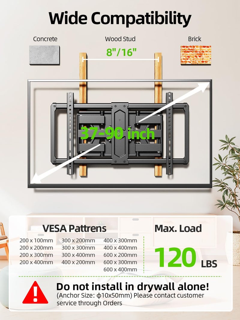 USX MOUNT Ultra Slim TV Wall Mount for Most 37-90 inch Television, Full Motion TV Mount Dual Swivel Articulating Tilt 6 Arms, Up to 120lbs, VESA 600x400mm, Max 16" Wood Studs, XML612-K - Image 4