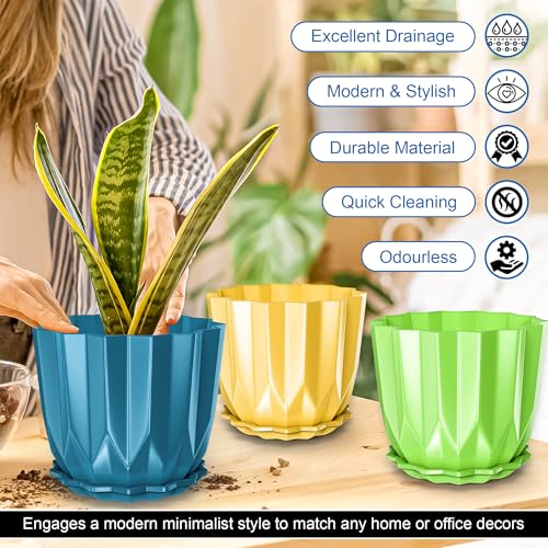 Eightiz Crystal Look Plastic Flower Pots with Tray for Home & Decoration Planters, Terrace, Garden Plant Container Set (Pack of 5, Plastic) - Image 3