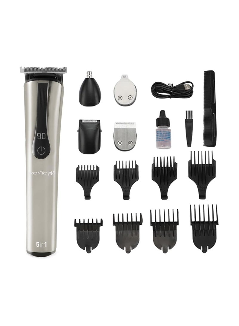 أي كونيك ماكينة تشذيب الشعر السريعة 5 في 1 من Ikonic - أداة دقيقة لتصفيف الشعر والعناية بتصميم أنيق باللونين الأسود والفضي، وتشكيل اللحية، وتشذيب شعر الأنف والأذن، ومحرك قوي، وشاشة رقمية، ومنفذ USB - Image 1