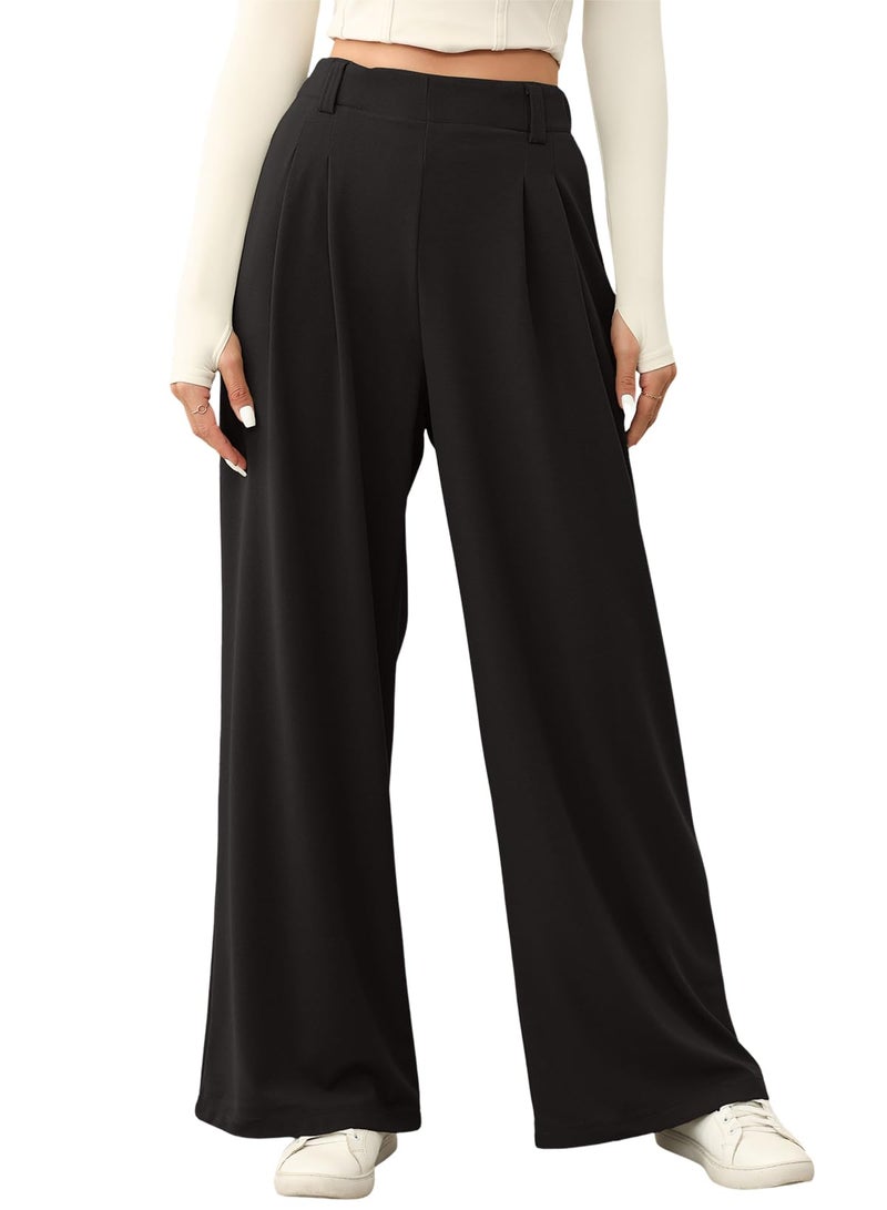 EVALESS Women's Wide Leg Pants with Pockets High Waisted Office Business Casual Dressy Plain Comfy Waffle Knit Lounge Pants for Ladies Black Large - Image 1