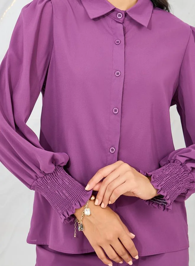 Styli Smocked Detail Cuff Sleeves Shirt and Wide Leg Pant Set