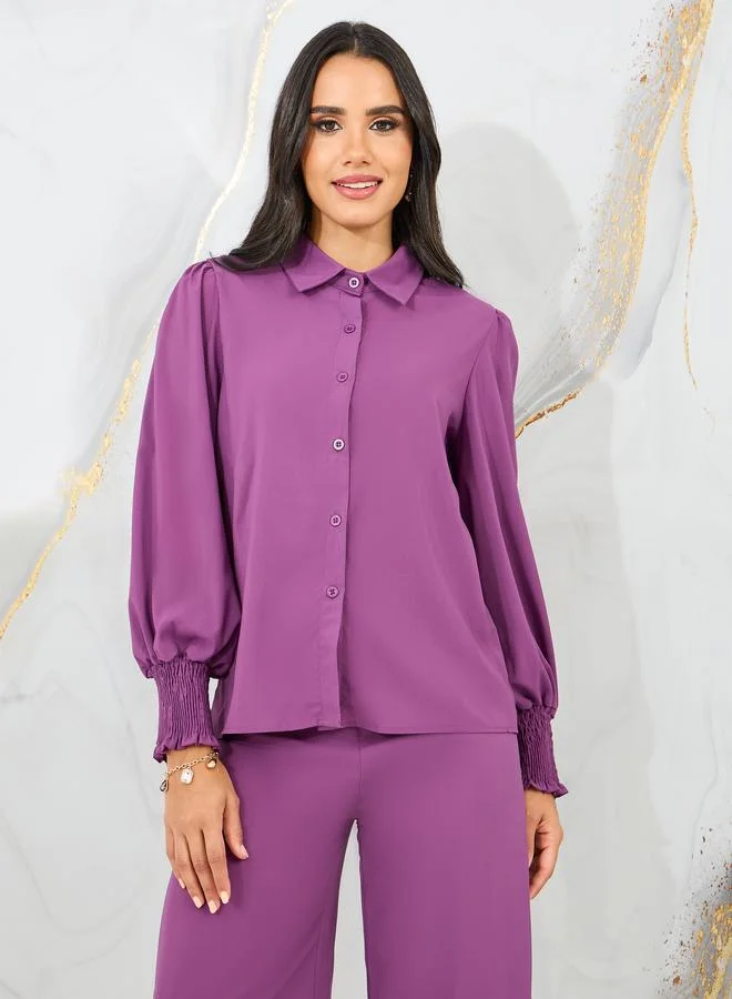 Styli Smocked Detail Cuff Sleeves Shirt and Wide Leg Pant Set