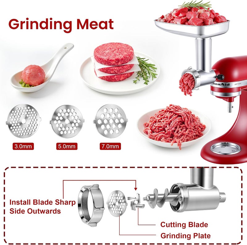 KINGEAGLE Stainless Steel Food Grinder Attachment for KitchenAid Stand Mixer, Durable Meat Grinder, Includes 3 Grinding Plates, 3 Sausage Stuffer Tubes, 2 Grinding Blades, Dishwasher Safe - Image 3