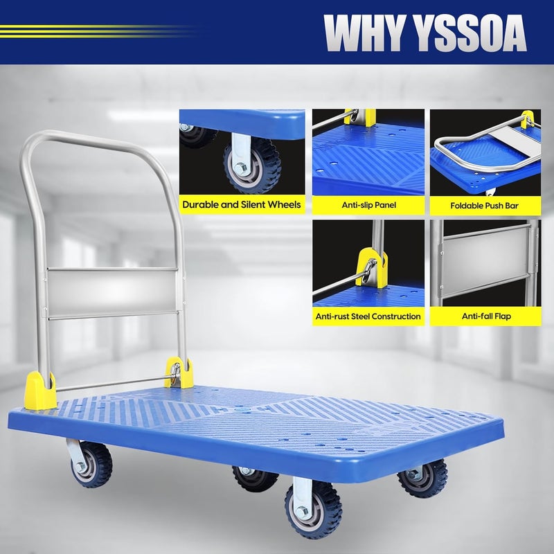 YSSOA Platform Truck with 440lb Weight Capacity and 360 Degree Swivel Wheels, Foldable Push Hand Cart for Loading and Storage, Blue - Image 3