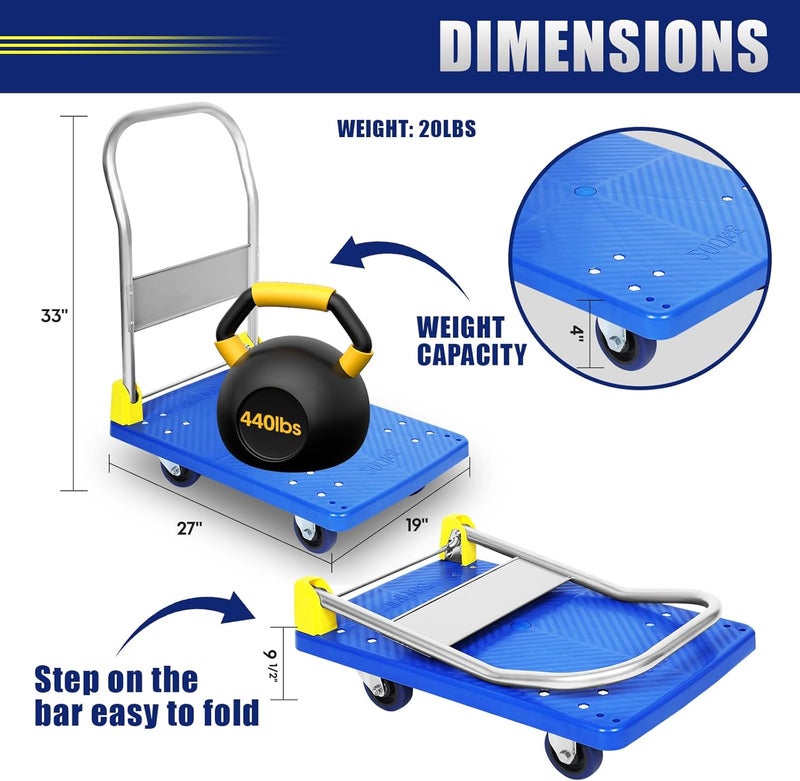 YSSOA Platform Truck with 440lb Weight Capacity and 360 Degree Swivel Wheels, Foldable Push Hand Cart for Loading and Storage, Blue - Image 4