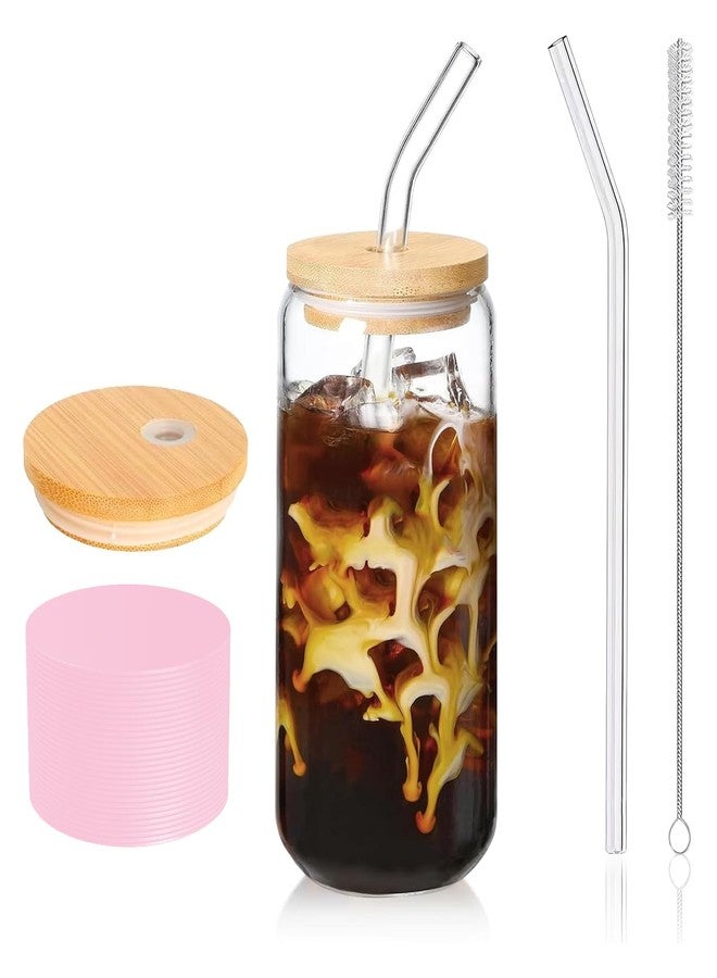 DAMCONME Glass Cups with Lid and Straw,Preppy Cups for Iced Coffee,Matcha,Mojito-16 Oz-Bamboo Lids-Dishwasher Safety-Brush-1 Brush - Flesh Pink - Image 1
