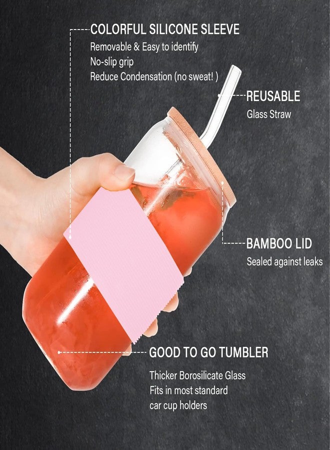 DAMCONME Glass Cups with Lid and Straw,Preppy Cups for Iced Coffee,Matcha,Mojito-16 Oz-Bamboo Lids-Dishwasher Safety-Brush-1 Brush - Flesh Pink - Image 3