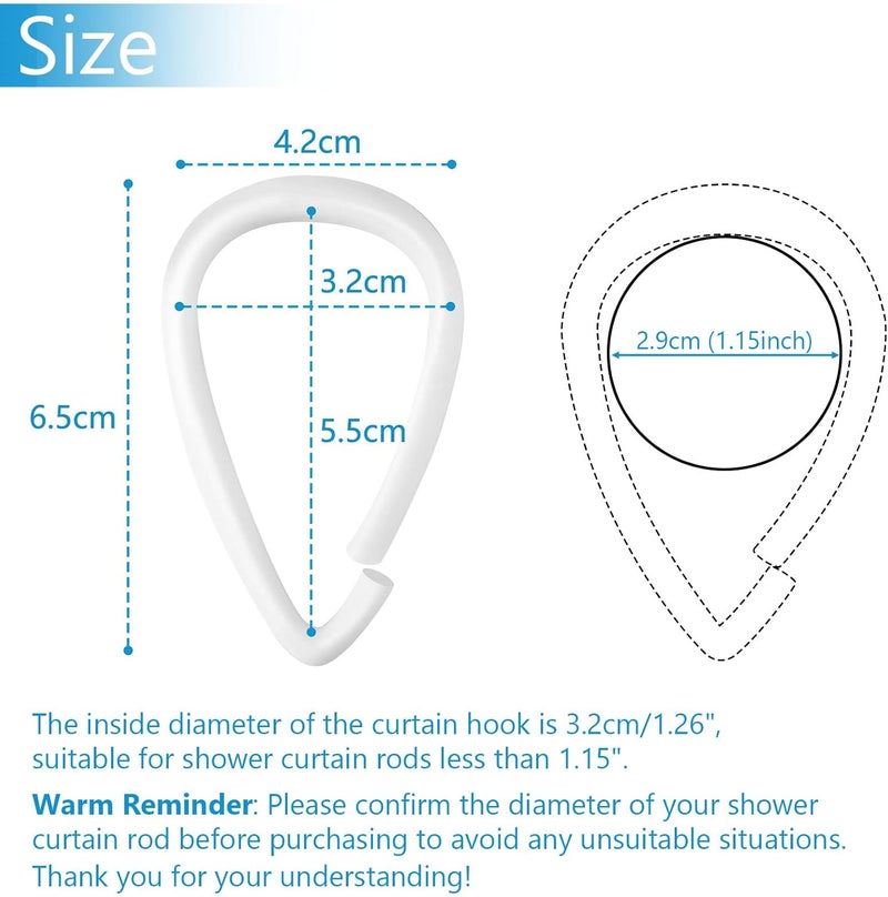 Topspring Shower Curtain Hooks White Plastic Shower Curtain Rings, Drop Shaped Shower Hooks for Curtain Bathroom Shower Rod - Set of 12 - Image 4