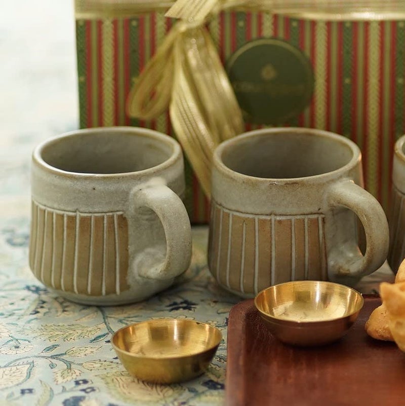 Courtyard Ceramic Wood Cast Brass Mandava Tea and Snack Gift SetGray Gold Brown100 ML - Image 2