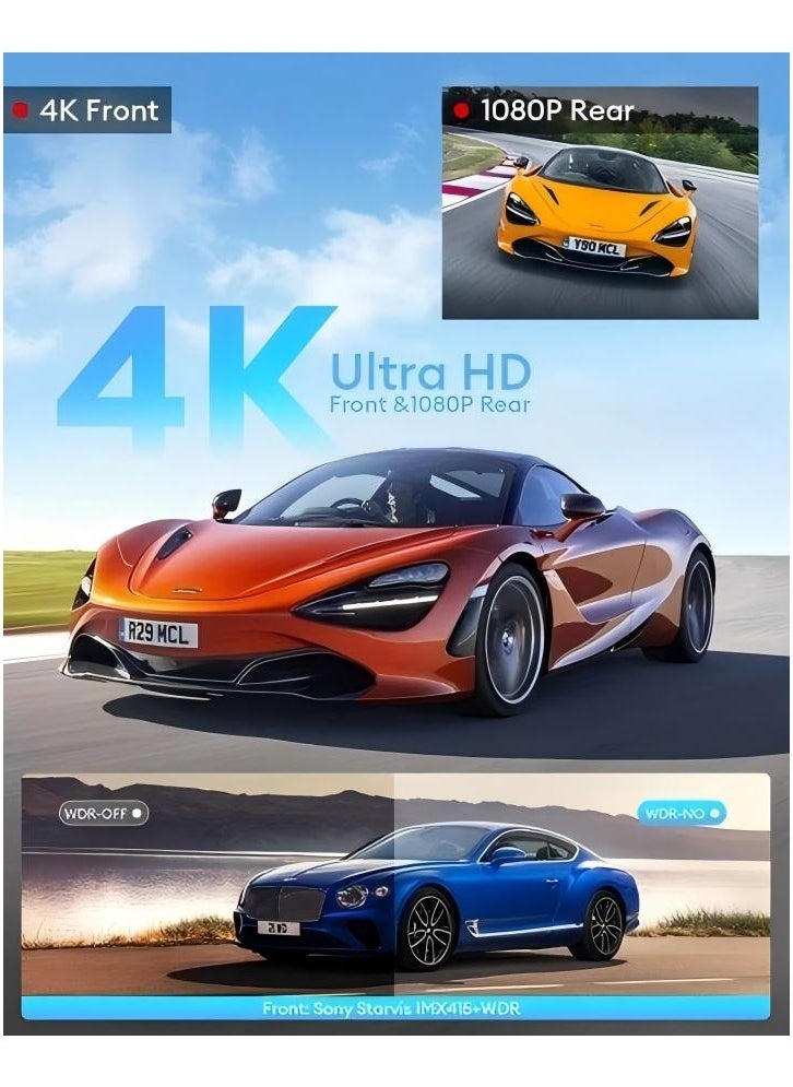 أزدوم كاميرا السيارة AZDOME M580 داش كام بدقة 5K أمامية وخلفية، مزوّدة بشبكة WiFi بتردد 5GHz ونظام GPS مدمج، شاشة لمس بحجم 4 بوصات، مراقبة وقوف السيارات على مدار 24 ساعة، رؤية ليلية، ومسجّل فيديو أسود (Black Box).  - Image 2