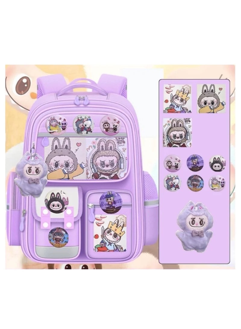 Labubu Elementary School Girl Large Capacity Ultra-light School Bag Large Size 42*30*20CM (Card + Badge + Stuffed doll)