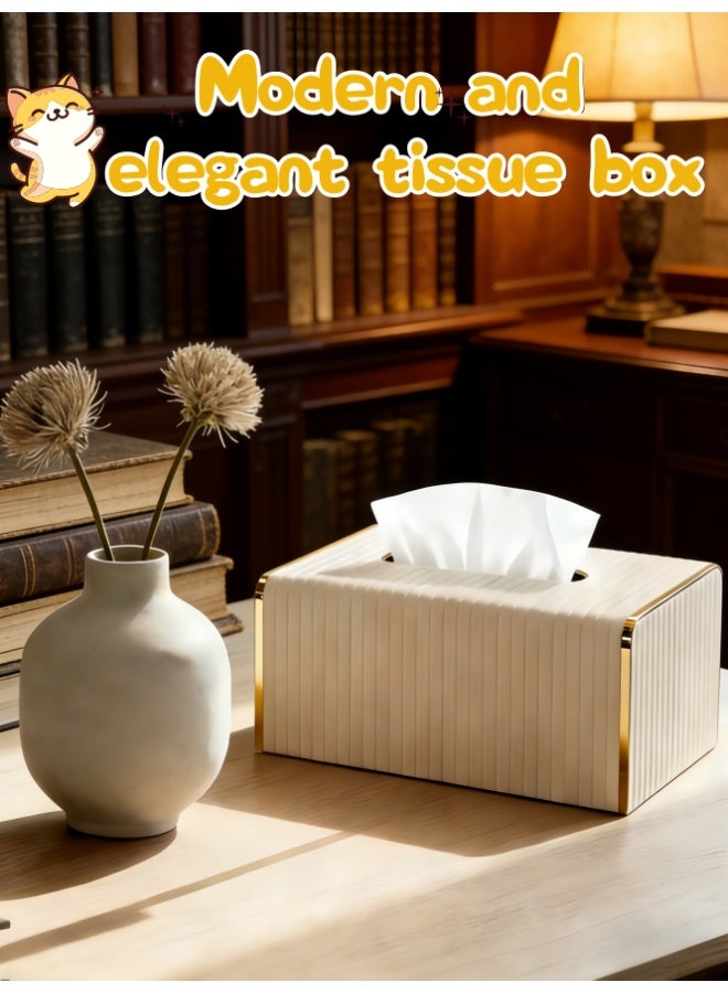 CityRiya-Long Luxury Striped Leather Tissue Box Cover with Gold Accents, Modern Minimalist Rectangular Tissue Holder for Elevating Bathroom, Vanity, Nightstand & Living Room Decor (milk tea color) - Image 1