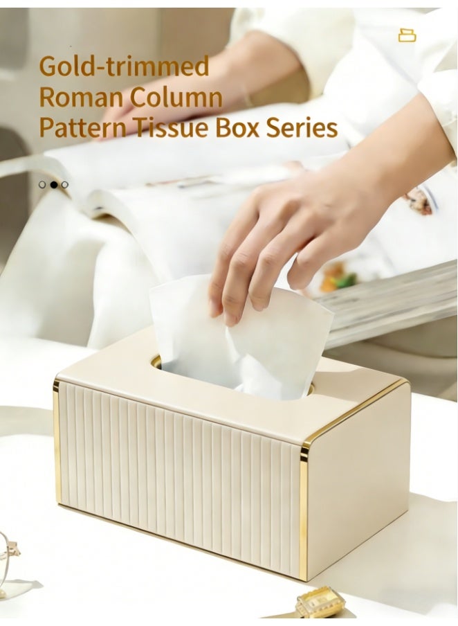 CityRiya-Long Luxury Striped Leather Tissue Box Cover with Gold Accents, Modern Minimalist Rectangular Tissue Holder for Elevating Bathroom, Vanity, Nightstand & Living Room Decor (milk tea color) - Image 2