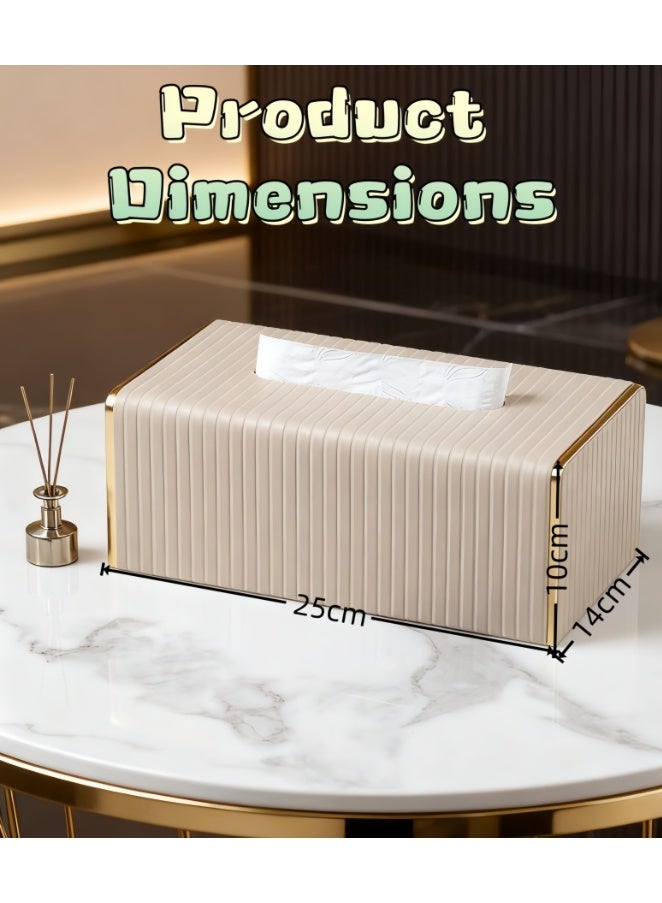 CityRiya-Long Luxury Striped Leather Tissue Box Cover with Gold Accents, Modern Minimalist Rectangular Tissue Holder for Elevating Bathroom, Vanity, Nightstand & Living Room Decor (milk tea color) - Image 3