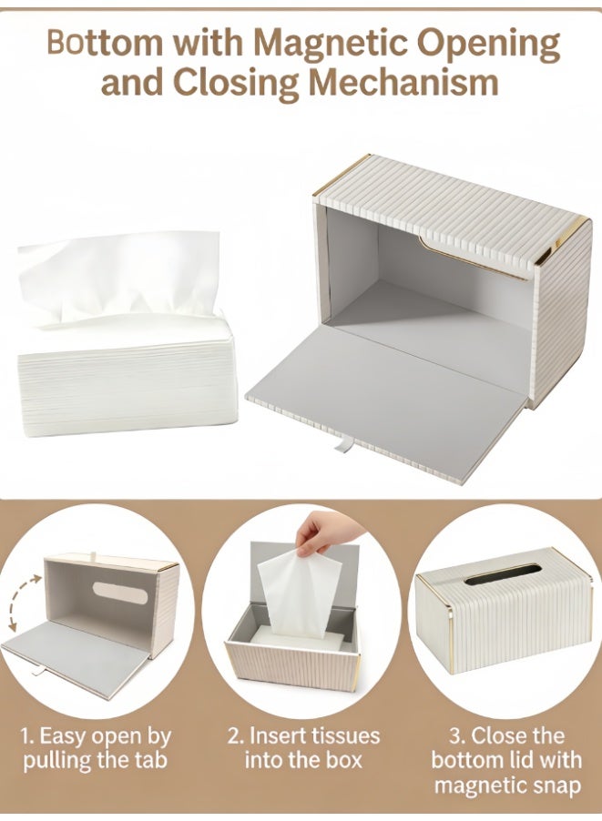 CityRiya-Long Luxury Striped Leather Tissue Box Cover with Gold Accents, Modern Minimalist Rectangular Tissue Holder for Elevating Bathroom, Vanity, Nightstand & Living Room Decor (milk tea color) - Image 4