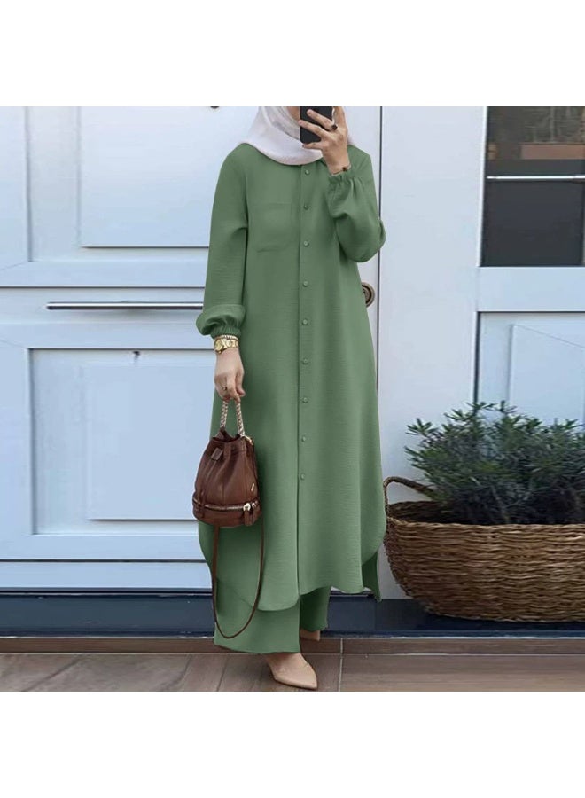 general 2 Piece Abayaa Set Women'S Daily Commuting Button Fastening Long Sleeve Shirt Top And Elastic Waist Wide Leg Pants - Image 1