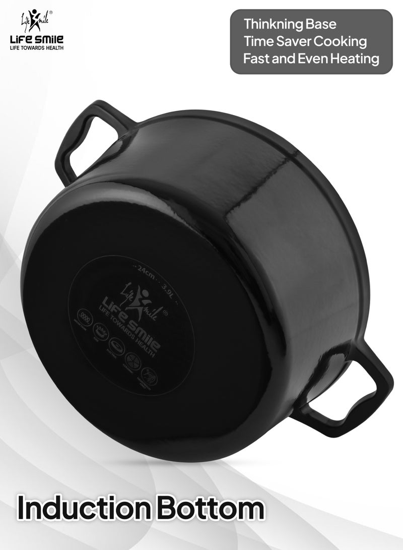 Life Smile 9pcs Enameled Cast Iron Cookware Set –20cm Casserole with lid ,24cm Casserole with lid,28cm Shallow Pot with lid  &  3pcs Silicone Uitensils, Induction Bottom & Oven Safe Cookwares - Image 2