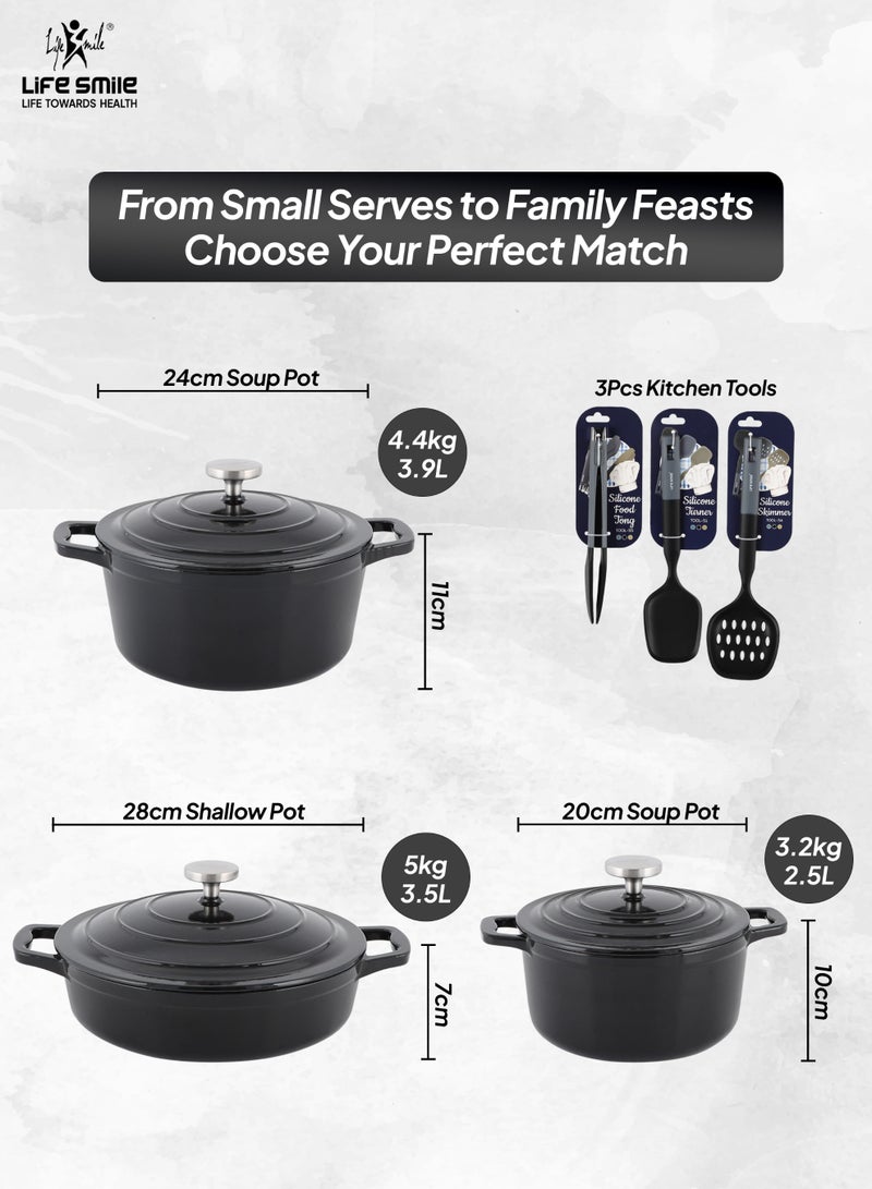 Life Smile 9pcs Enameled Cast Iron Cookware Set –20cm Casserole with lid ,24cm Casserole with lid,28cm Shallow Pot with lid  &  3pcs Silicone Uitensils, Induction Bottom & Oven Safe Cookwares - Image 3