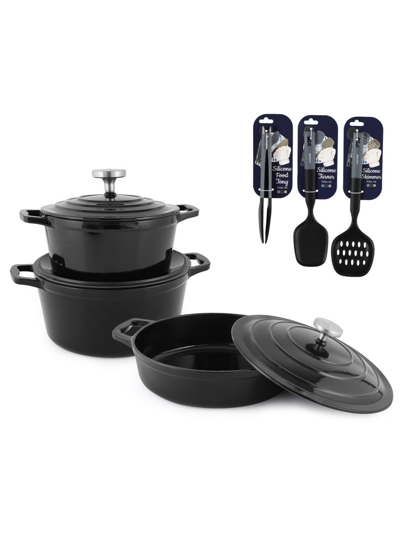 Life Smile 9pcs Enameled Cast Iron Cookware Set –20cm Casserole with lid ,24cm Casserole with lid,28cm Shallow Pot with lid  &  3pcs Silicone Uitensils, Induction Bottom & Oven Safe Cookwares - Image 1