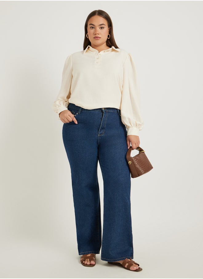 Styli Plus Size Textured Balloon Sleeve Regular Fit Popover Shirt  - Image 3