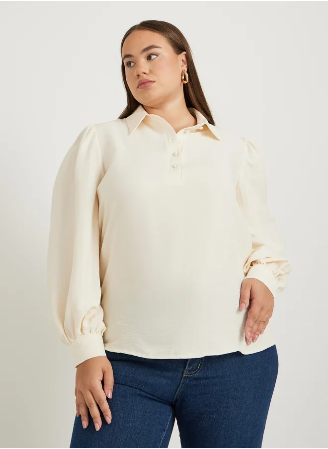 ستايلي Plus Size Textured Balloon Sleeve Regular Fit Popover Shirt