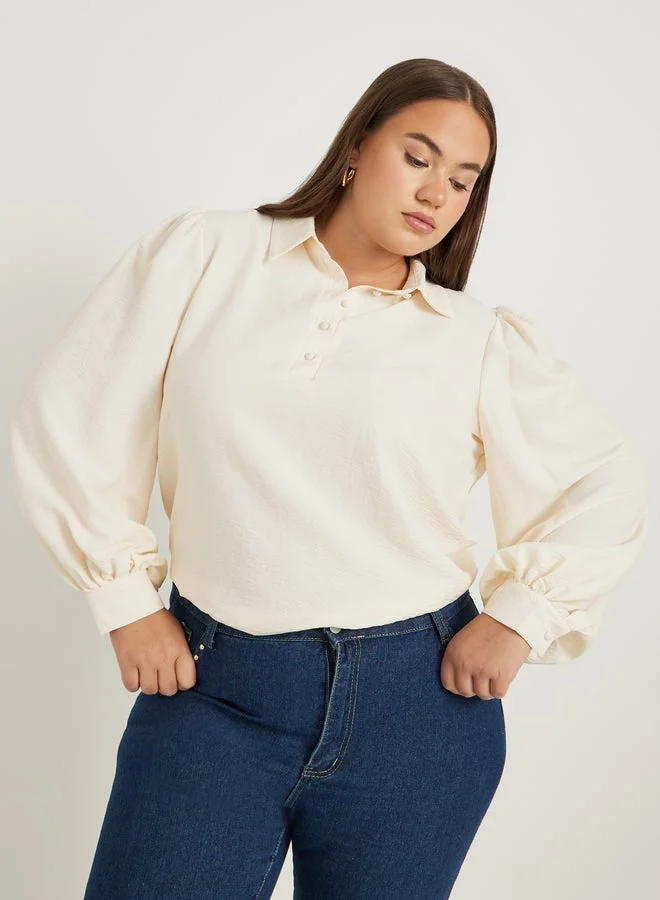 Styli Plus Size Textured Balloon Sleeve Regular Fit Popover Shirt
