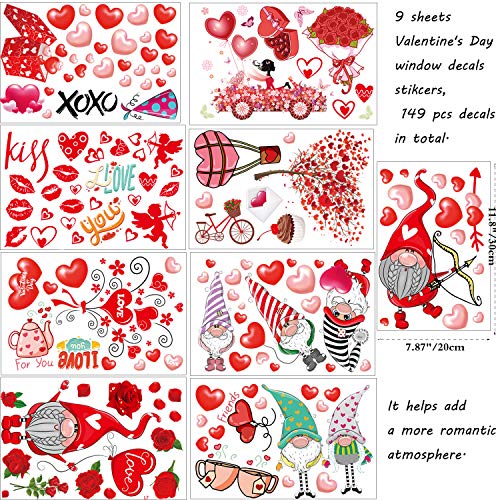 TrlaFy 149Pcs Valentine's Day Window Clings Decorations Heart Decal Party Ornaments Supplies 9 Sheets Removable Vinyl Window Sticker Decals for Home, Valentines Party, Wedding, Anniversary Decorations - Image 3