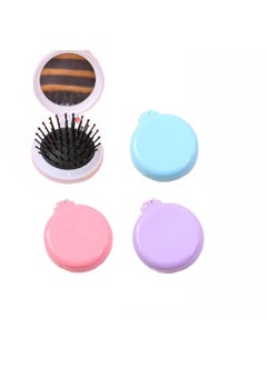4 Pack Round Folding Travel Hair Brush with Makeup Mirror Mini Pocket Hair Brush Comb Compact Pop Up Hair Massage Comb for for Purse Pocket Bag