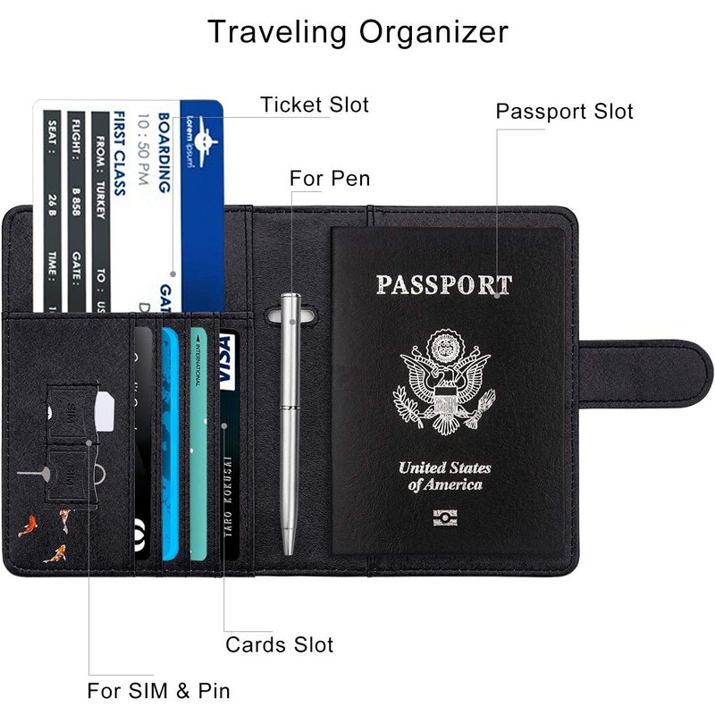 WALNEW Passport Holder for Travel, RFID Passport Cover Wallet for Women Men, PU Leather Passport Book Card Holder Case with Pen (Buckle Closure, Buckle-Carp) - Image 5