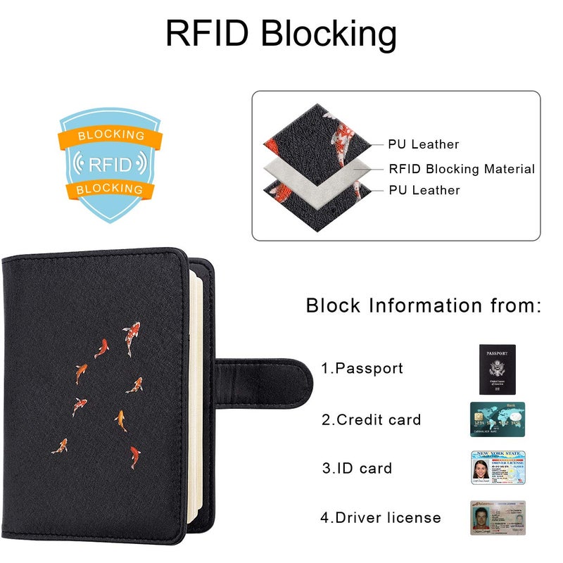 WALNEW Passport Holder for Travel, RFID Passport Cover Wallet for Women Men, PU Leather Passport Book Card Holder Case with Pen (Buckle Closure, Buckle-Carp) - Image 3