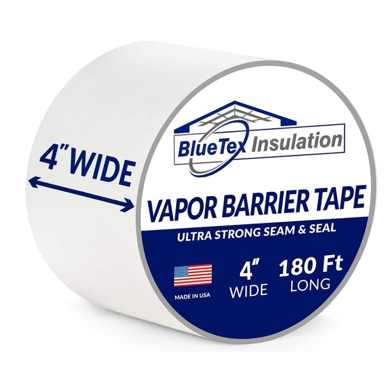 BlueTex Insulationã…¤ 4'' Wide x 180' Long White Vapor Barrier Tape - 1 Roll, Waterproofing for Stucco, Crawlspaces, Repair, Underlayment Seams, Metal Building Seams, Excellent Air Barrier - Image 1