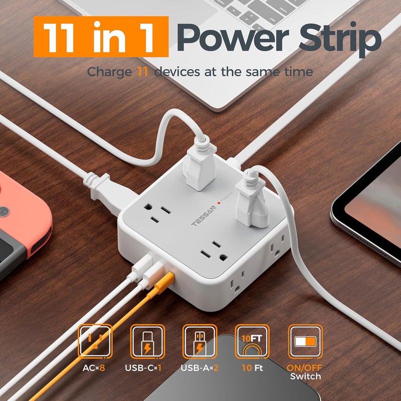 TESSAN Surge Protector Power Strip with 900J Surge Protection, 10 Ft, Grey | 8 AC 3 USB Ports (1 USB C 20W PD), Flat Plug Extension Cord - Image 2