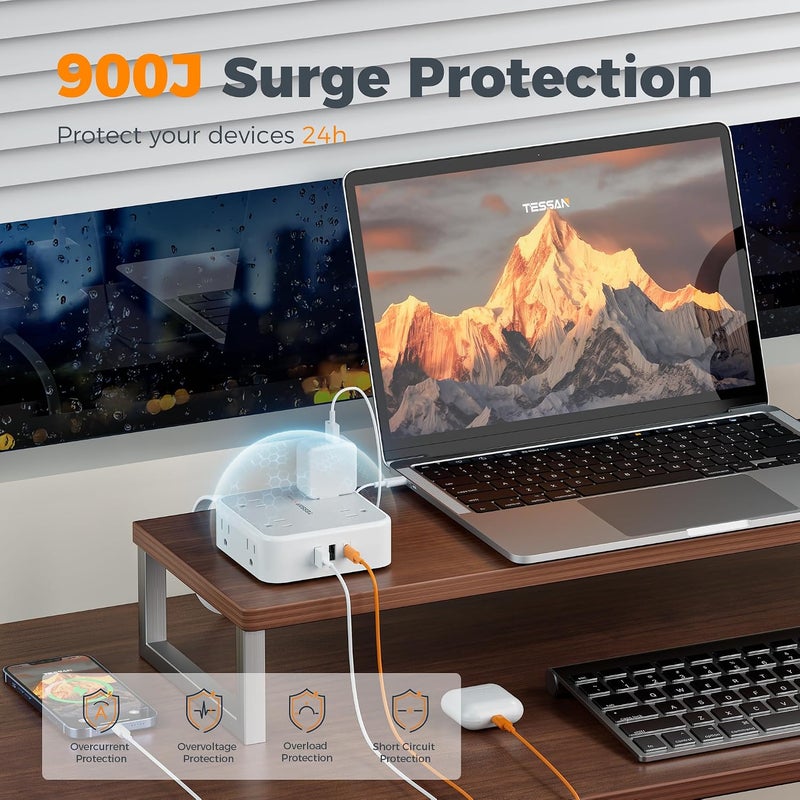 TESSAN Surge Protector Power Strip with 900J Surge Protection, 10 Ft, Grey | 8 AC 3 USB Ports (1 USB C 20W PD), Flat Plug Extension Cord - Image 3