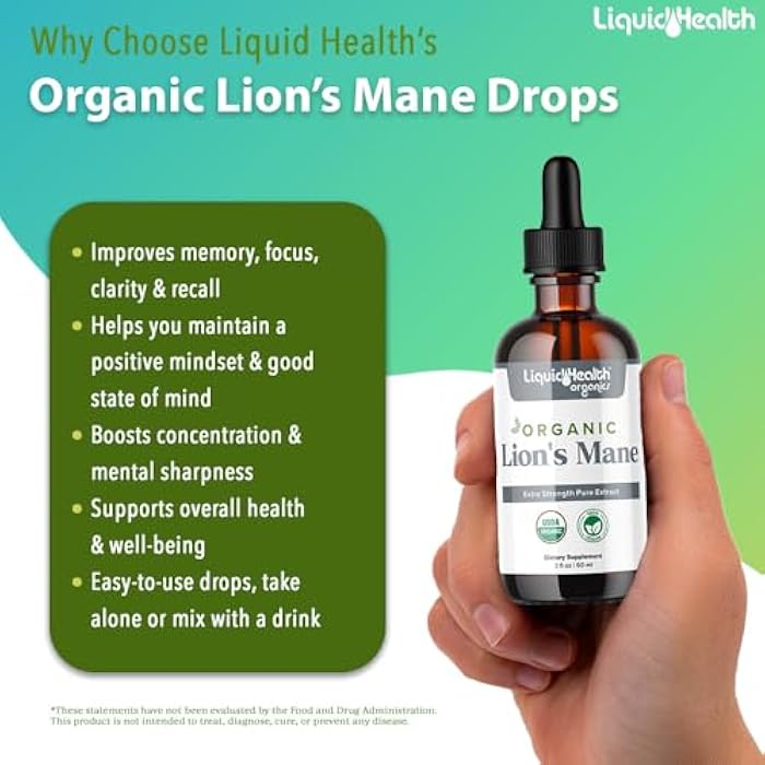 LIQUIDHEALTH USDA Organic Lion's Mane Mushroom Drops Supplement - Extra Strength Pure Extract for Brain Support, Energy, Memory, Focus - Vegan, 180-day Supply, Made in USA (3 Pack) - Image 3