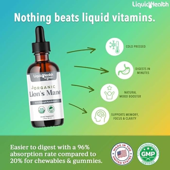 LIQUIDHEALTH USDA Organic Lion's Mane Mushroom Drops Supplement - Extra Strength Pure Extract for Brain Support, Energy, Memory, Focus - Vegan, 180-day Supply, Made in USA (3 Pack) - Image 2